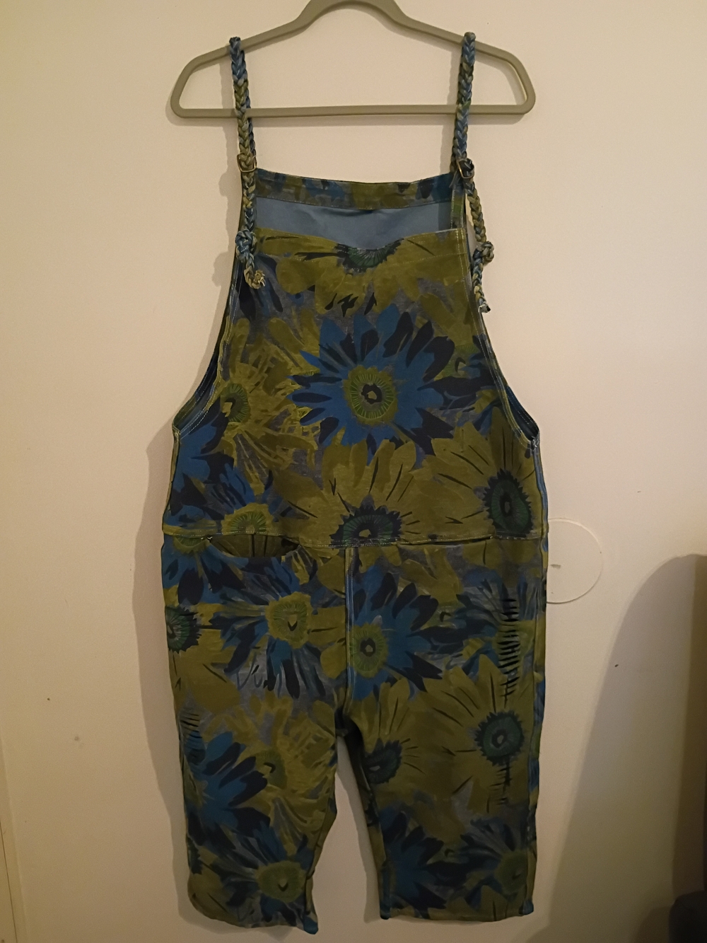 Olive Green & Blue Floral Braided-Strap Overalls Jumpsuit